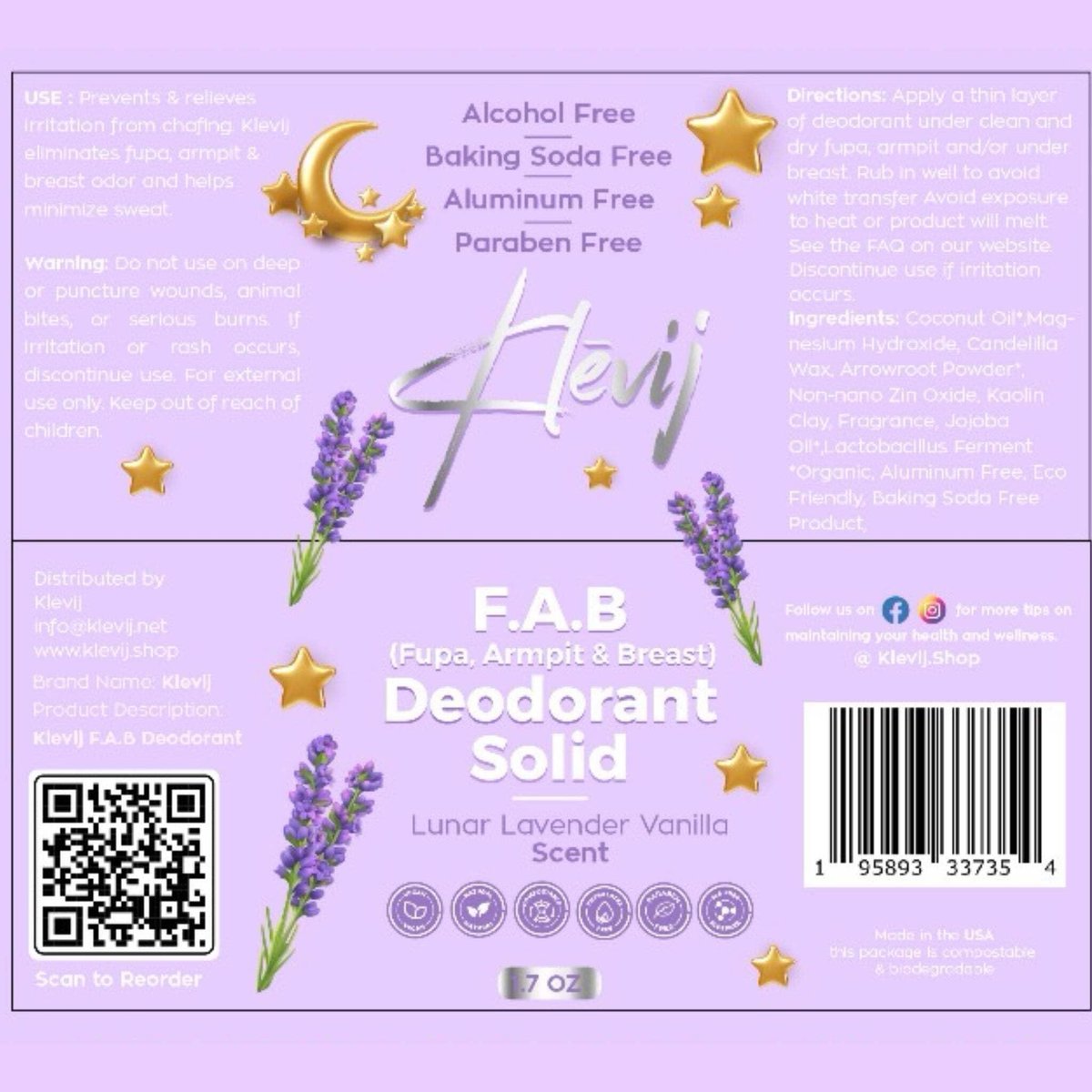 Klevij All Natural F.A.B. Deodorant – Lunar Lavender Scent, 1.7 oz – Organic, Aluminum-Free Deodorant for Fupa, Armpit, and Breast Areas - görsel 9