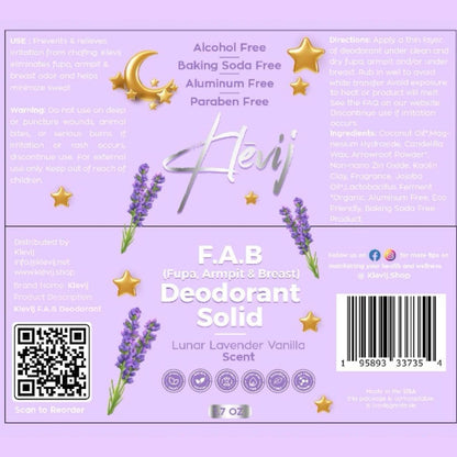 Klevij All Natural F.A.B. Deodorant – Lunar Lavender Scent, 1.7 oz – Organic, Aluminum-Free Deodorant for Fupa, Armpit, and Breast Areas