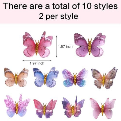 Glitter Butterfly Hair Clips, 20 PCS Double Layer Thin Gauze Hair Clips for Girls Women - Cute Wedding Headwear Gifts Back to School Accessories