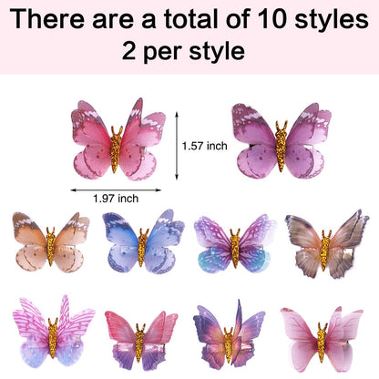 Glitter Butterfly Hair Clips, 20 PCS Double Layer Thin Gauze Hair Clips for Girls Women - Cute Wedding Headwear Gifts Back to School Accessories