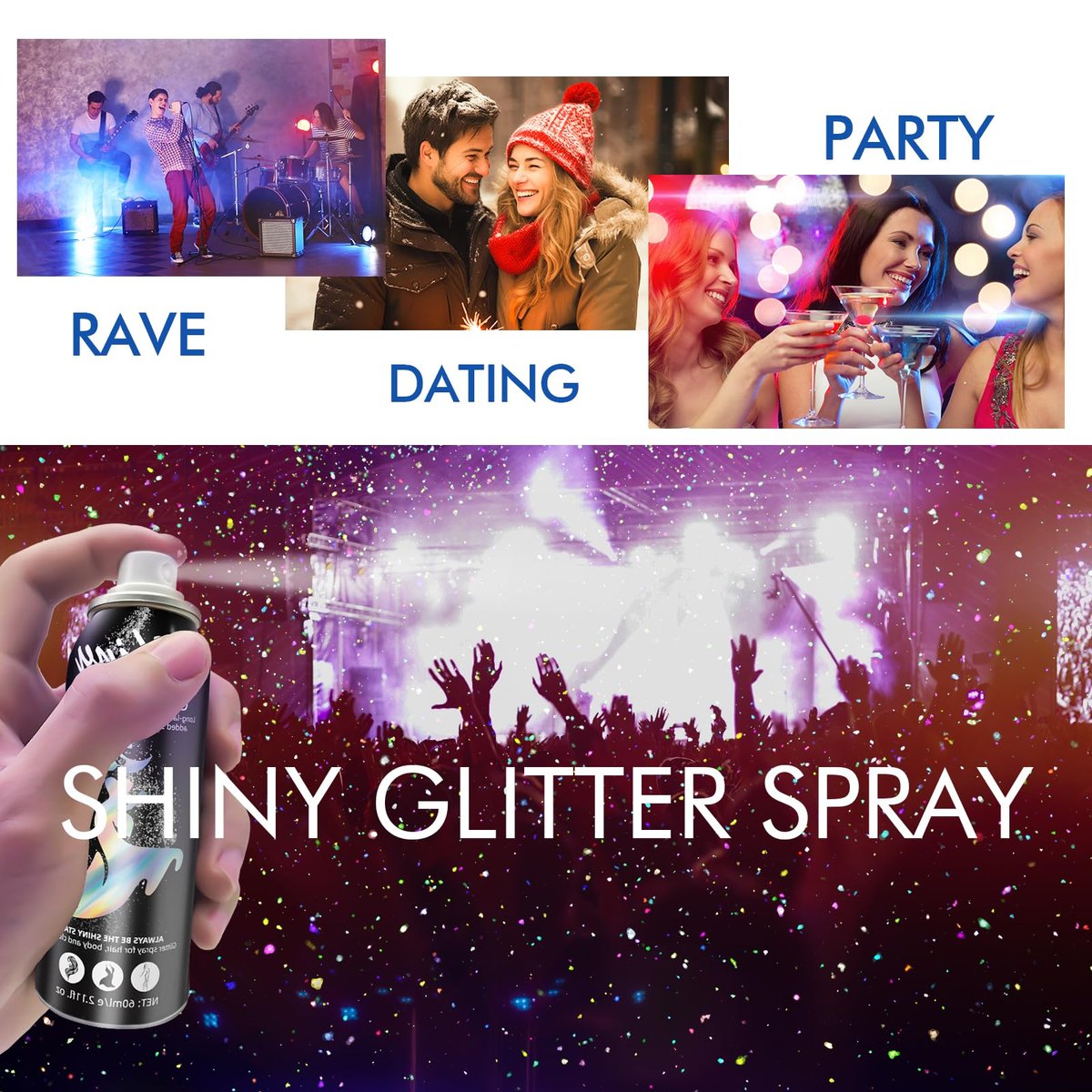 Ragkun Body Glitter Spray - Long-Lasting Silver Glitter for Hair and Body, Quick-Drying, 2.11 Fl Oz - görsel 9