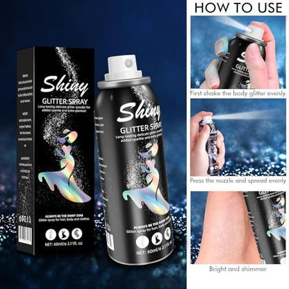 Ragkun Body Glitter Spray - Long-Lasting Silver Glitter for Hair and Body, Quick-Drying, 2.11 Fl Oz