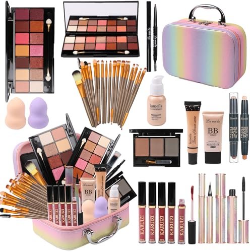 Rainbow Makeup Set for Girls - Complete Beauty Kit with Brushes & Cosmetics in Pink Organizer Case Avelisse