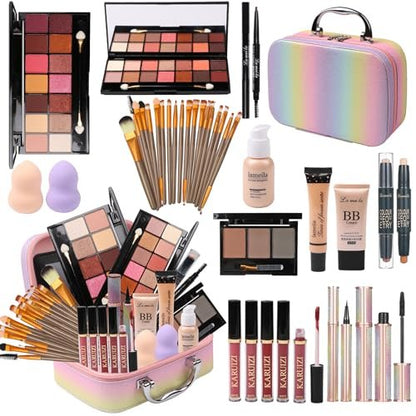 Rainbow Makeup Set for Girls - Complete Beauty Kit with Brushes & Cosmetics in Pink Organizer Case Avelisse