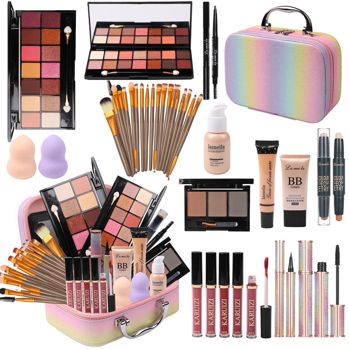 Rainbow Makeup Set for Girls - Complete Beauty Kit with Brushes & Cosmetics in Pink Organizer Case Avelisse