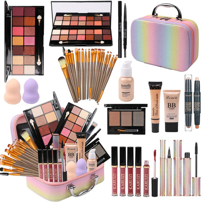Rainbow Makeup Set for Girls - Complete Beauty Kit with Brushes & Cosmetics in Pink Organizer Case Avelisse