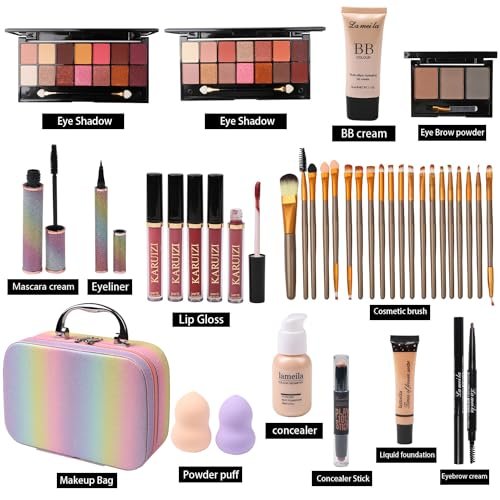 Rainbow Makeup Set for Girls - Complete Beauty Kit with Brushes & Cosmetics in Pink Organizer Case Avelisse