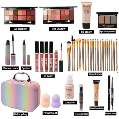 Rainbow Makeup Set for Girls - Complete Beauty Kit with Brushes & Cosmetics in Pink Organizer Case Avelisse
