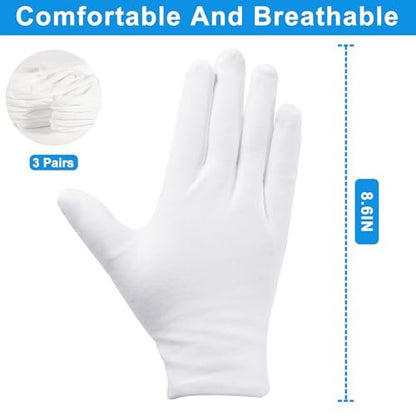 3 Pairs White Cotton Gloves for Dry Hands Sleeping - Premium Moisturizing Gloves for Eczema Lotion, Overnight Hand Care for Women & Men, Large
