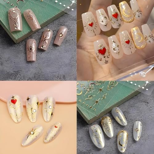 12 Sheets Bohemian Style Nail Stickers - 5D Embossed Star Moon Sun Nail Art Decals, Gold Vinyl Self-Adhesive Nail Wraps for DIY Manicure - görsel 10