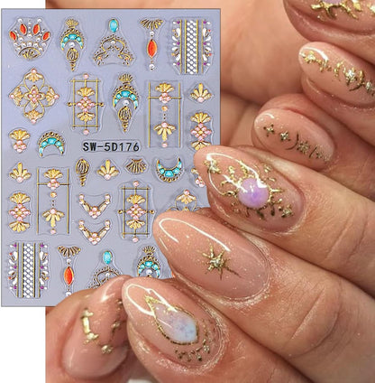 12 Sheets Bohemian Style Nail Stickers - 5D Embossed Star Moon Sun Nail Art Decals, Gold Vinyl Self-Adhesive Nail Wraps for DIY Manicure