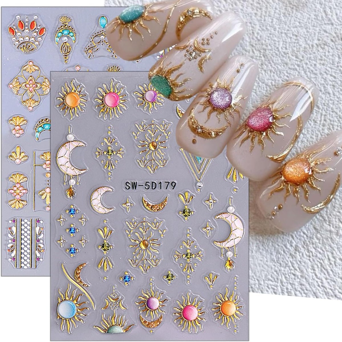 12 Sheets Bohemian Style Nail Stickers - 5D Embossed Star Moon Sun Nail Art Decals, Gold Vinyl Self-Adhesive Nail Wraps for DIY Manicure - görsel 5