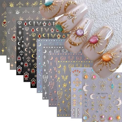 12 Sheets Bohemian Style Nail Stickers - 5D Embossed Star Moon Sun Nail Art Decals, Gold Vinyl Self-Adhesive Nail Wraps for DIY Manicure - görsel 2