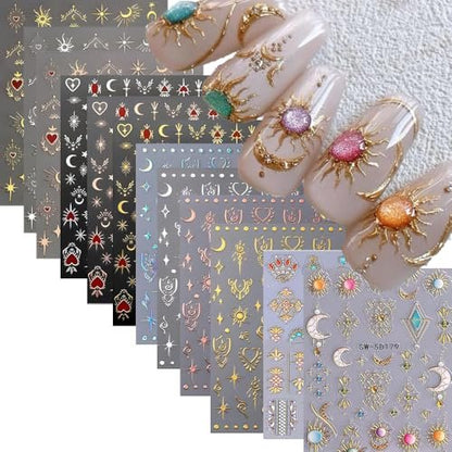 12 Sheets Bohemian Style Nail Stickers - 5D Embossed Star Moon Sun Nail Art Decals, Gold Vinyl Self-Adhesive Nail Wraps for DIY Manicure