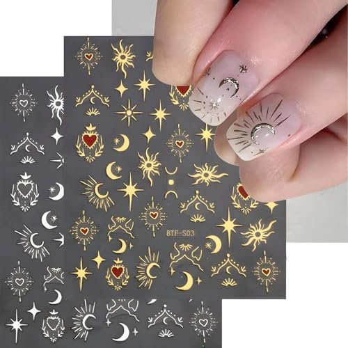 12 Sheets Bohemian Style Nail Stickers - 5D Embossed Star Moon Sun Nail Art Decals, Gold Vinyl Self-Adhesive Nail Wraps for DIY Manicure - görsel 4