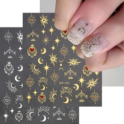 12 Sheets Bohemian Style Nail Stickers - 5D Embossed Star Moon Sun Nail Art Decals, Gold Vinyl Self-Adhesive Nail Wraps for DIY Manicure