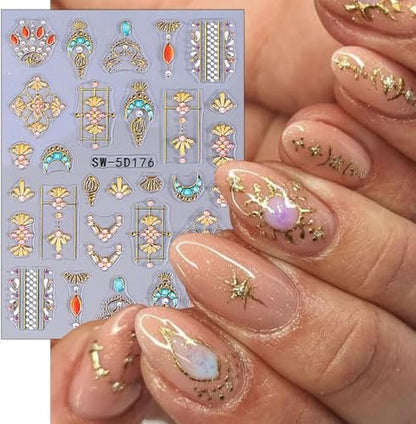 12 Sheets Bohemian Style Nail Stickers - 5D Embossed Star Moon Sun Nail Art Decals, Gold Vinyl Self-Adhesive Nail Wraps for DIY Manicure