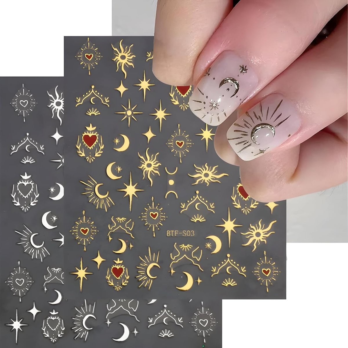 12 Sheets Bohemian Style Nail Stickers - 5D Embossed Star Moon Sun Nail Art Decals, Gold Vinyl Self-Adhesive Nail Wraps for DIY Manicure - görsel 3