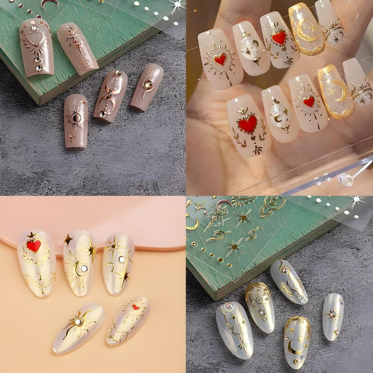 12 Sheets Bohemian Style Nail Stickers - 5D Embossed Star Moon Sun Nail Art Decals, Gold Vinyl Self-Adhesive Nail Wraps for DIY Manicure - görsel 9