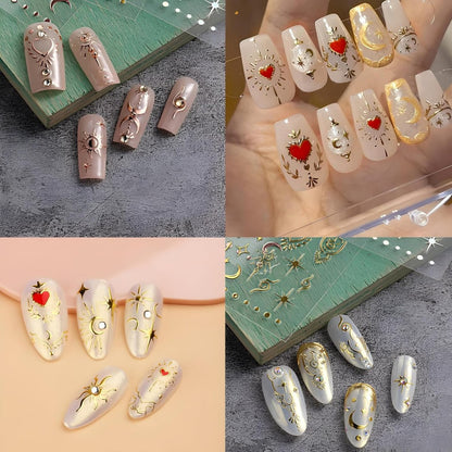 12 Sheets Bohemian Style Nail Stickers - 5D Embossed Star Moon Sun Nail Art Decals, Gold Vinyl Self-Adhesive Nail Wraps for DIY Manicure