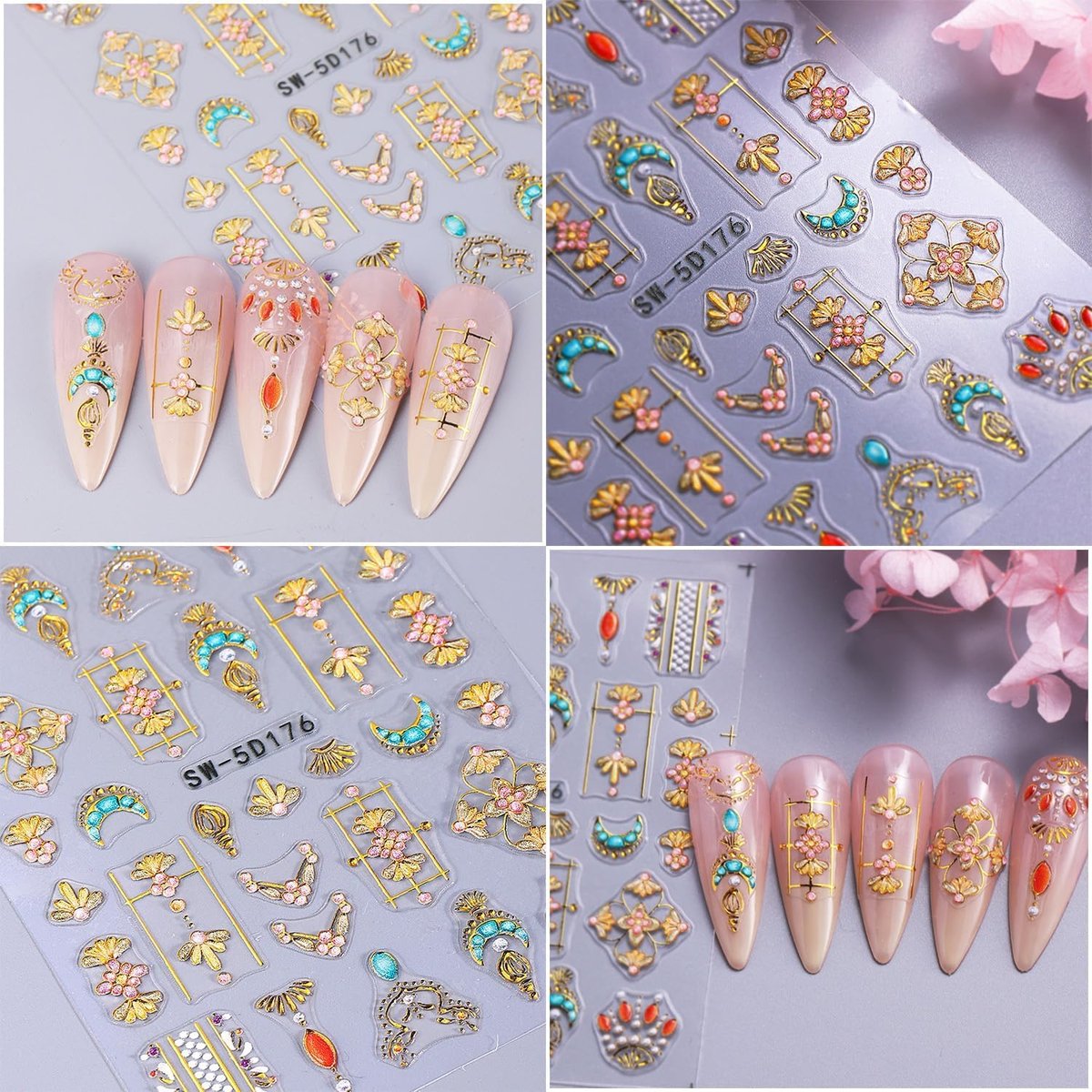 12 Sheets Bohemian Style Nail Stickers - 5D Embossed Star Moon Sun Nail Art Decals, Gold Vinyl Self-Adhesive Nail Wraps for DIY Manicure - görsel 13