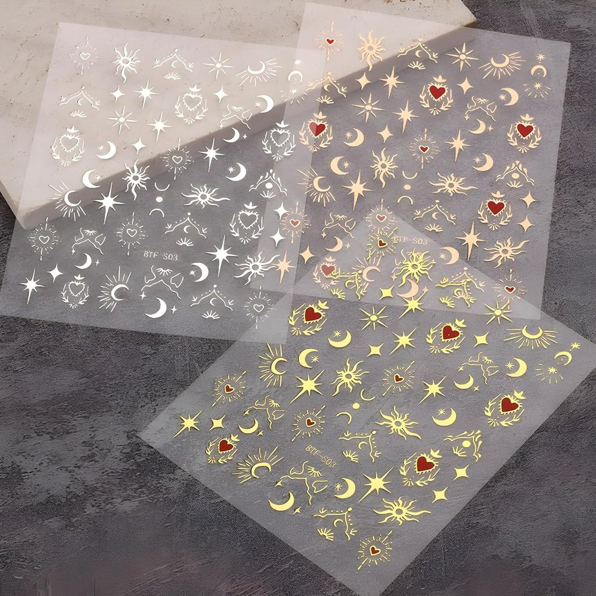 12 Sheets Bohemian Style Nail Stickers - 5D Embossed Star Moon Sun Nail Art Decals, Gold Vinyl Self-Adhesive Nail Wraps for DIY Manicure - görsel 7