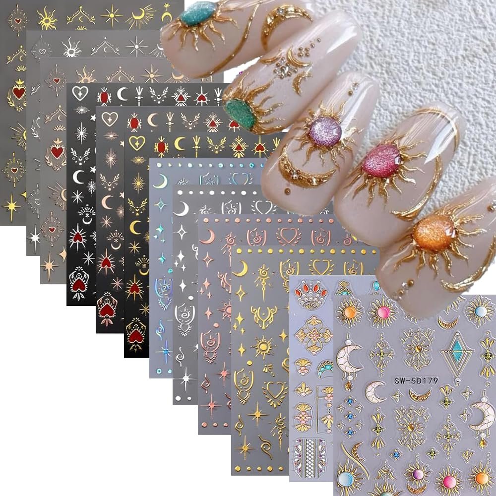 12 Sheets Bohemian Style Nail Stickers - 5D Embossed Star Moon Sun Nail Art Decals, Gold Vinyl Self-Adhesive Nail Wraps for DIY Manicure - görsel 1
