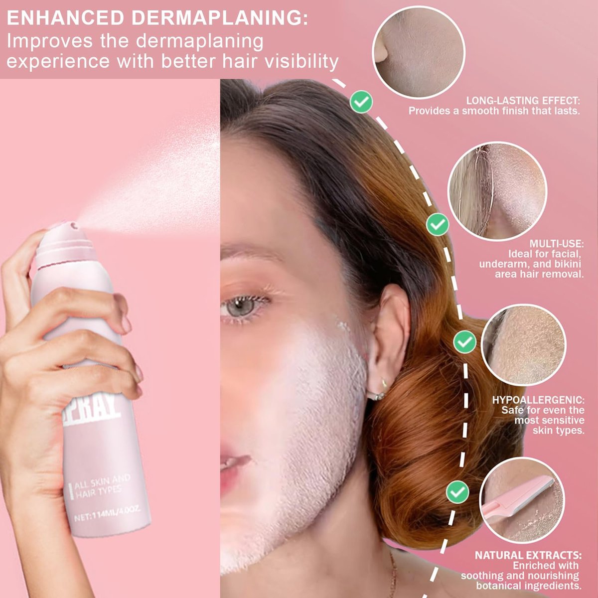 Hair Identifier Spray for Face Shaving - Moisturizing Dermaplaner Spray, Glow Reveal Face Spray for Dermaplaning, Peach Fuzz Remover for Women (1pc) - görsel 5