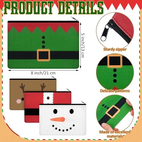 Reginary 4-Piece Christmas Makeup Bags Bulk Set - Festive Canvas Cosmetic Pouches with Zipper, Portable Travel Pencil Cases for Women, Holiday Gift Supply - görsel 4