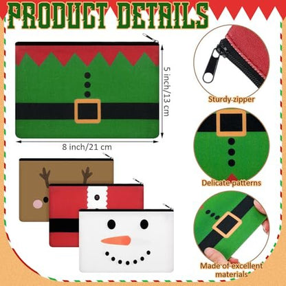 Reginary 4-Piece Christmas Makeup Bags Bulk Set - Festive Canvas Cosmetic Pouches with Zipper, Portable Travel Pencil Cases for Women, Holiday Gift Supply