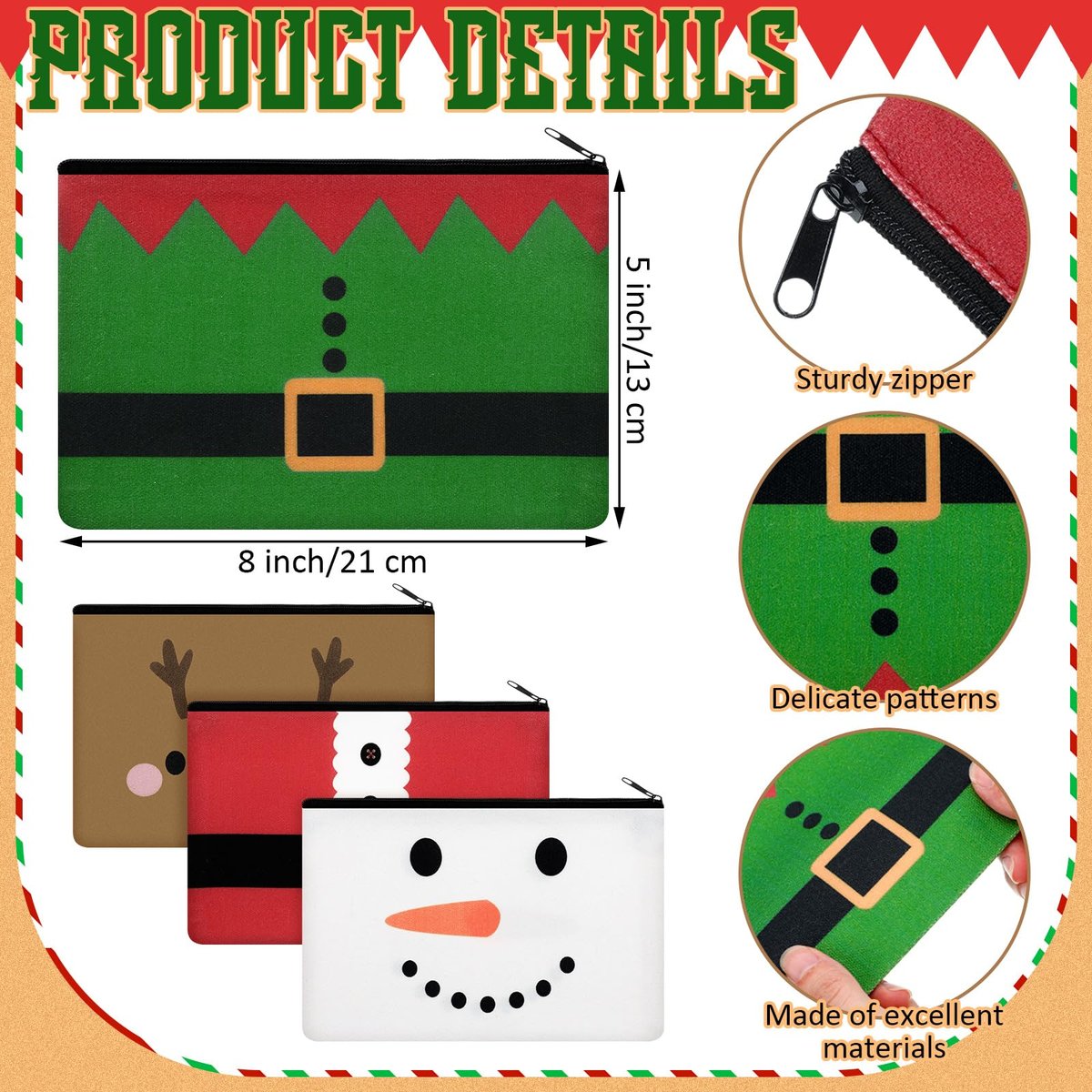 Reginary 4-Piece Christmas Makeup Bags Bulk Set - Festive Canvas Cosmetic Pouches with Zipper, Portable Travel Pencil Cases for Women, Holiday Gift Supply - görsel 3