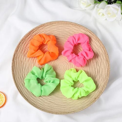 Mabor Neon Scrunchies for Hair - 4 Pack Soft Chiffon Scrunchy, Solid Color Elastic Hair Bands, Ponytail Holders for 80s Party Accessories Women and Girls