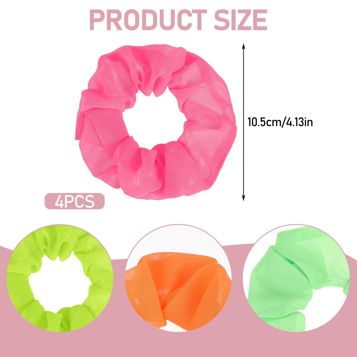 Mabor Neon Scrunchies for Hair - 4 Pack Soft Chiffon Scrunchy, Solid Color Elastic Hair Bands, Ponytail Holders for 80s Party Accessories Women and Girls - görsel 3