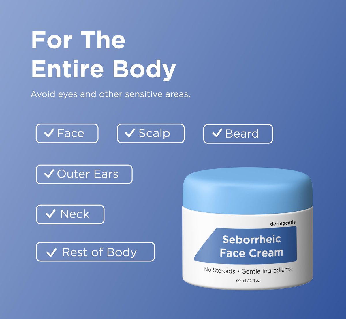 Dermgentle Seborrheic Dermatitis Face Cream for Sensitive Skin - Hydrates & Supports Skin Barrier with MCT Oil & Squalane, Moisturizing Face, Scalp and Body Cream, No Steroids, Gentle Ingredients, 2 Fl Oz Avelisse