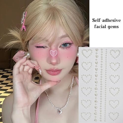 Self Adhesive Face Makeup Gems Pearls - 3D Star Heart Moon Shape Jewels Face Rhinestone Stickers for Hair, Body, Crafts, Festival Decal Decor (White Pink) Avelisse