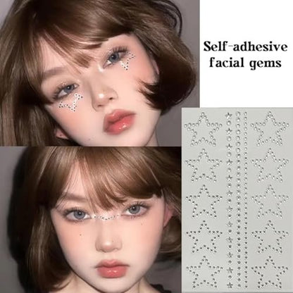 Self Adhesive Face Makeup Gems Pearls - 3D Star Heart Moon Shape Jewels Face Rhinestone Stickers for Hair, Body, Crafts, Festival Decal Decor (White Pink) Avelisse