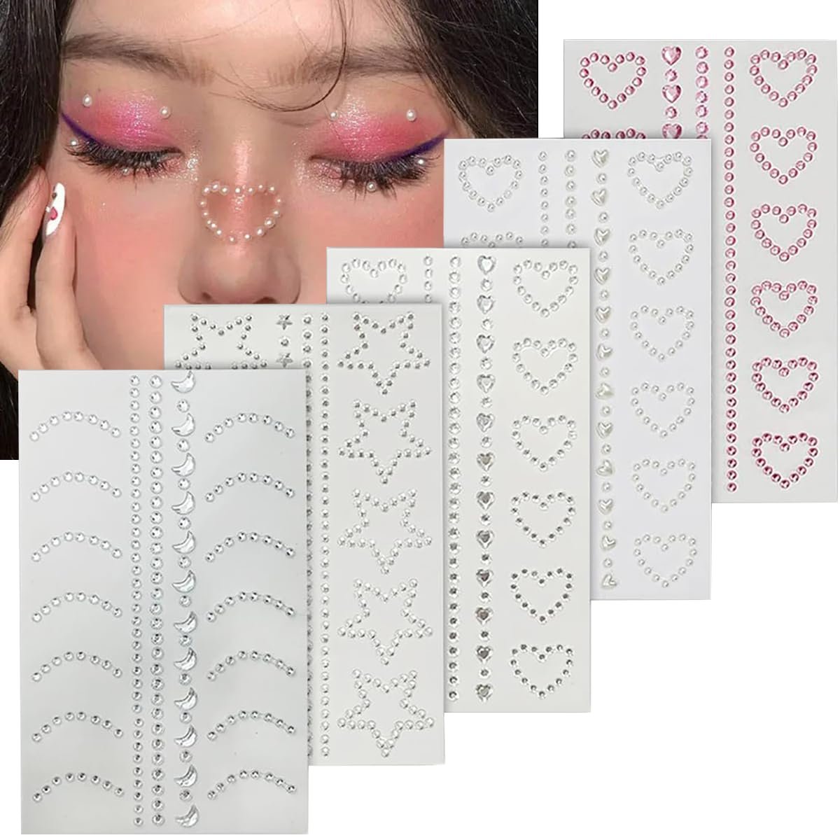 Self Adhesive Face Makeup Gems Pearls - 3D Star Heart Moon Shape Jewels Face Rhinestone Stickers for Hair, Body, Crafts, Festival Decal Decor (White Pink) Avelisse