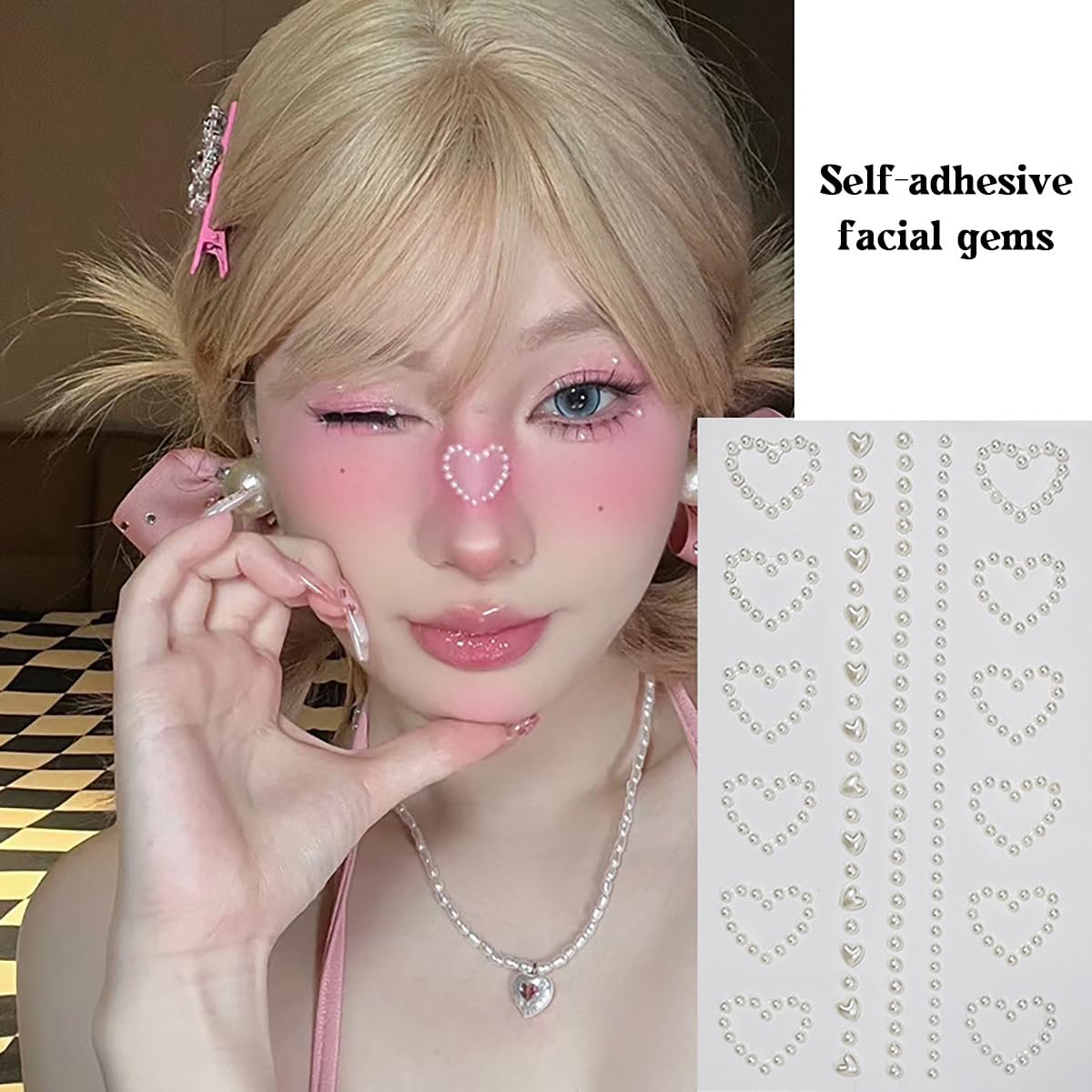 Self Adhesive Face Makeup Gems Pearls - 3D Star Heart Moon Shape Jewels Face Rhinestone Stickers for Hair, Body, Crafts, Festival Decal Decor (White Pink) Avelisse