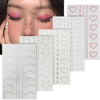 Self Adhesive Face Makeup Gems Pearls - 3D Star Heart Moon Shape Jewels Face Rhinestone Stickers for Hair, Body, Crafts, Festival Decal Decor (White Pink) Avelisse
