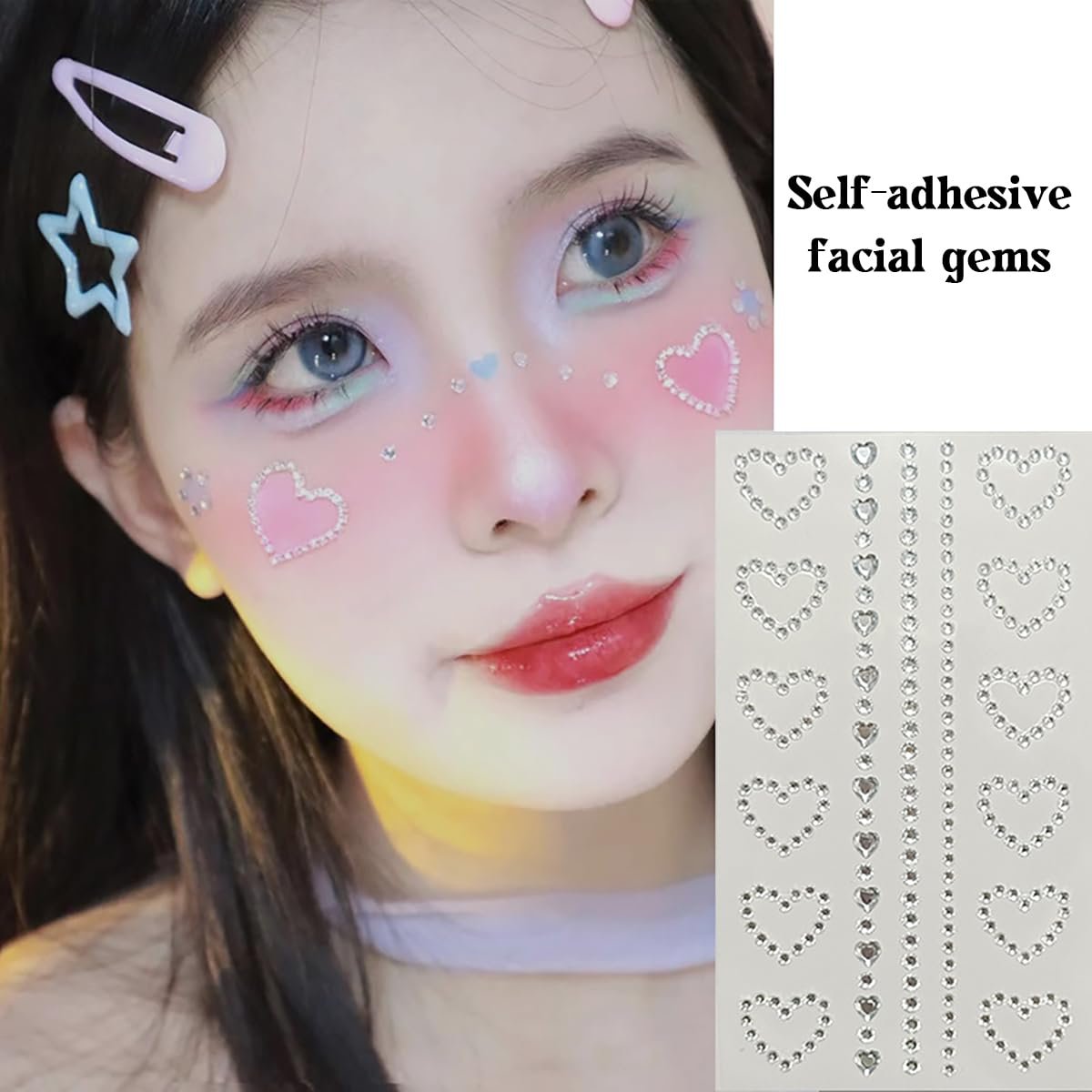 Self Adhesive Face Makeup Gems Pearls - 3D Star Heart Moon Shape Jewels Face Rhinestone Stickers for Hair, Body, Crafts, Festival Decal Decor (White Pink) Avelisse