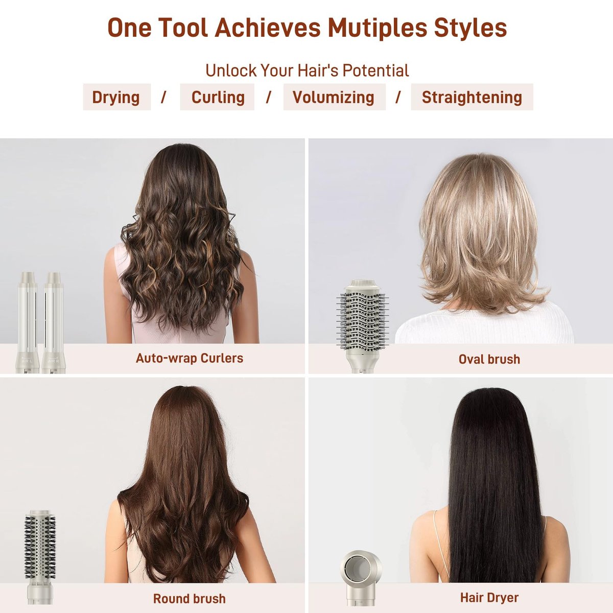 5 in 1 Hair Air Styler - Rotating Hair Dryer Brush 110000 RPM, Hot-Air Automatic Wrap for Curling, Frizz-Free Blow Dryer Brush for Straightening Volumizing No Heat Damage, Gold Avelisse