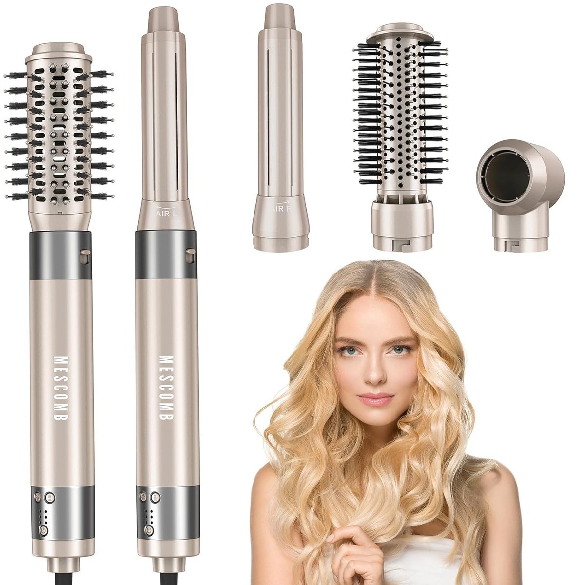 5 in 1 Hair Air Styler - Rotating Hair Dryer Brush 110000 RPM, Hot-Air Automatic Wrap for Curling, Frizz-Free Blow Dryer Brush for Straightening Volumizing No Heat Damage, Gold Avelisse