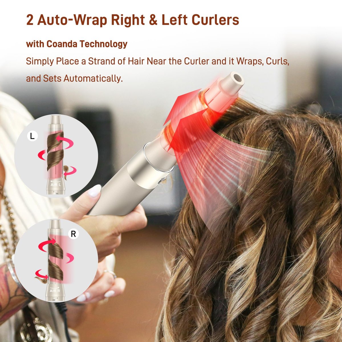 5 in 1 Hair Air Styler - Rotating Hair Dryer Brush 110000 RPM, Hot-Air Automatic Wrap for Curling, Frizz-Free Blow Dryer Brush for Straightening Volumizing No Heat Damage, Gold Avelisse