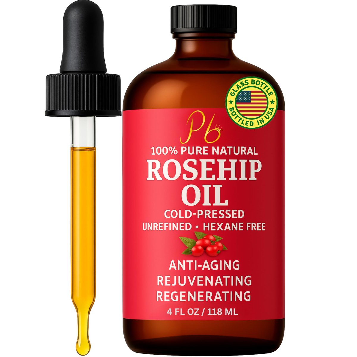 Pomberries Rosehip Seed Oil – Cold-Pressed & Unrefined, Natural Face Oil for Scars, Wrinkles, Stretch Marks & Daily Hydration, 4 fl oz - görsel 1