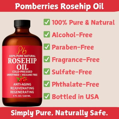 Pomberries Rosehip Seed Oil – Cold-Pressed & Unrefined, Natural Face Oil for Scars, Wrinkles, Stretch Marks & Daily Hydration, 4 fl oz
