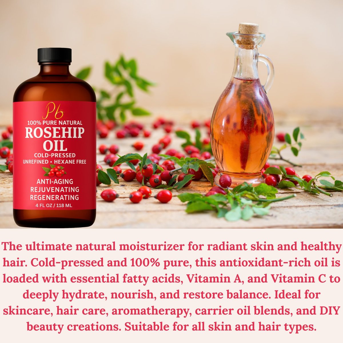 Pomberries Rosehip Seed Oil – Cold-Pressed & Unrefined, Natural Face Oil for Scars, Wrinkles, Stretch Marks & Daily Hydration, 4 fl oz - görsel 3