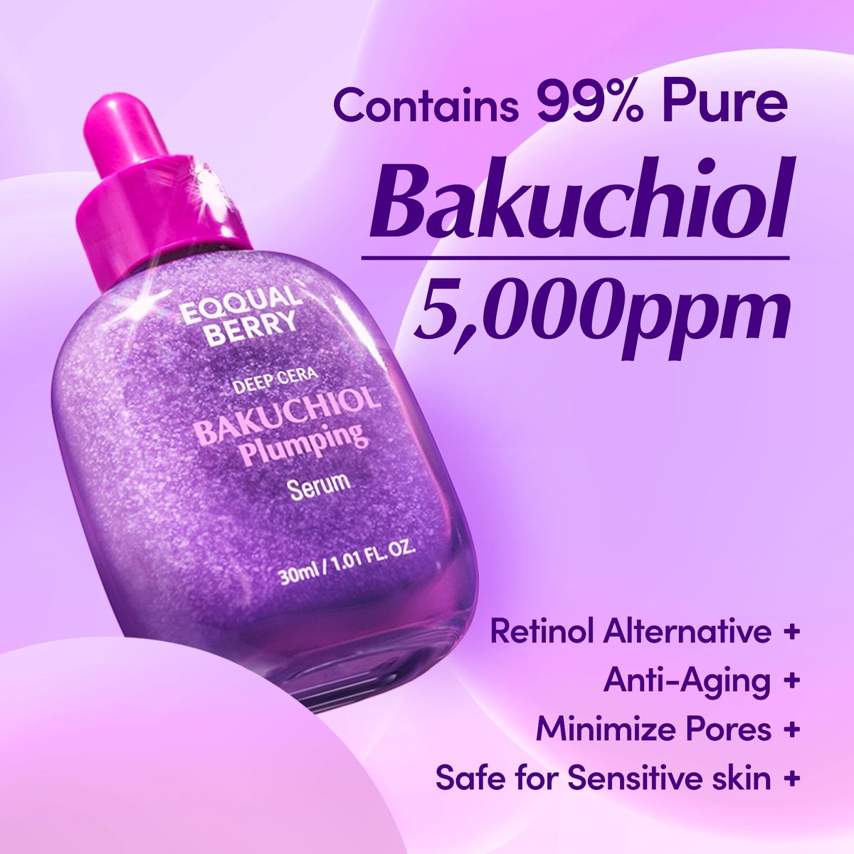 EQQUALBERRY Bakuchiol Plumping Face Serum - Retinol Alternative for Sensitive Skin with Niacinamide & Hyaluronic Acid, Pore & Wrinkle Korean Skin Care (1.01oz / 30ml) Avelisse