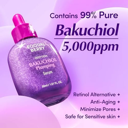 EQQUALBERRY Bakuchiol Plumping Face Serum - Retinol Alternative for Sensitive Skin with Niacinamide & Hyaluronic Acid, Pore & Wrinkle Korean Skin Care (1.01oz / 30ml) Avelisse