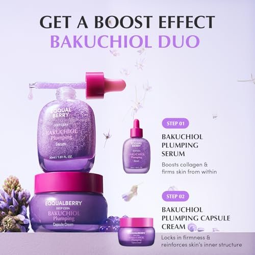 EQQUALBERRY Bakuchiol Plumping Face Serum - Retinol Alternative for Sensitive Skin with Niacinamide & Hyaluronic Acid, Pore & Wrinkle Korean Skin Care (1.01oz / 30ml) Avelisse