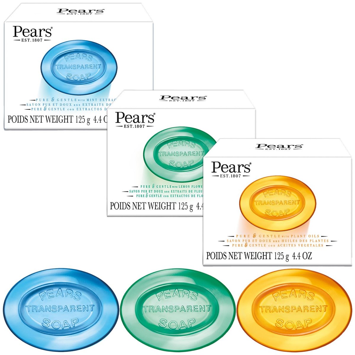 Pears Pure & Gentle Glycerin Soap Variety 3-Pack – Blue Mint, Green Lemon Flower, Amber Natural Oils, 4.4 Oz Each - görsel 1